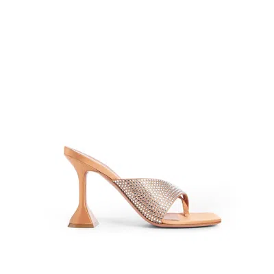 Amina Muaddi Shiona 95 Beige Satin Crystal Mules In Metallic