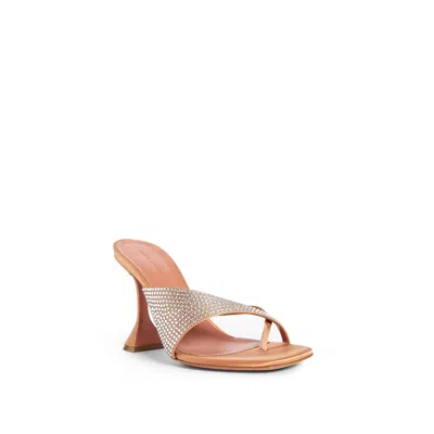 Amina Muaddi Shiona 95 Beige Satin Crystal Mules In Metallic
