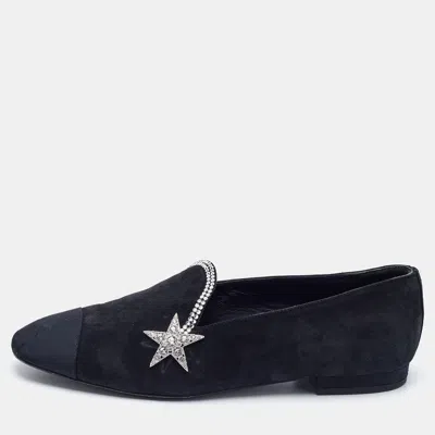 Pre-owned Chanel Black Canvas And Suede Star And Crystal Embellished Ballet Flats Size 36.5