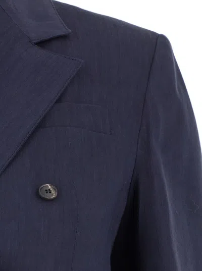 Tela Blue Double-breasted Suit With Notched Revers In Linen And Viscose Stretch Blend Woman In Blue