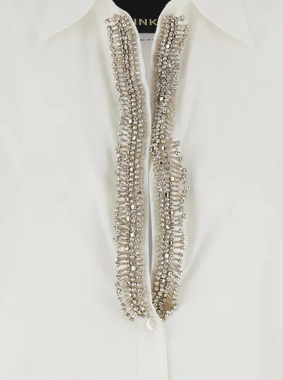 Pinko White Shirt With V Neck Collar And Rhinestone Embellishments On The Front In Cotton Woman In White