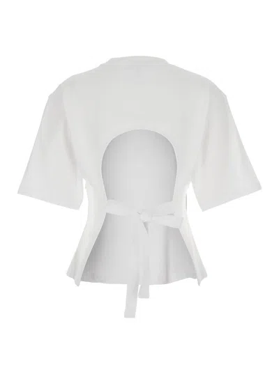 Ganni White Crewneck T-shirt With Front Embellishments And Rear Bow Closure In Cotton Woman In White