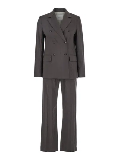 Tela Brown Double-breasted Suit With Notched Revers In Linen And Viscose Stretch Blend Woman In Brown