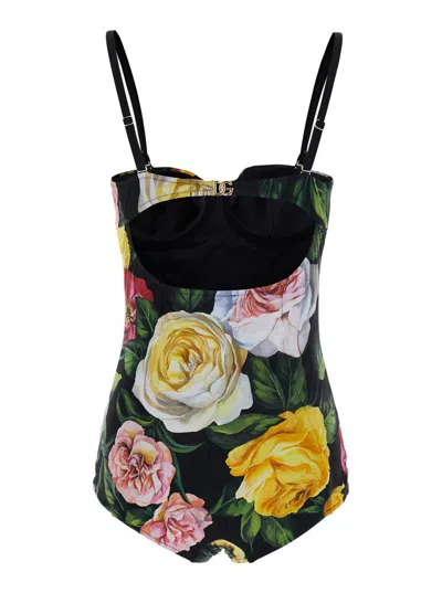 Dolce & Gabbana Multicolor One-piece Swimsuit With Buckle With Logo On The Rear And All-over Floral Print In Tech Fa In Multicolor