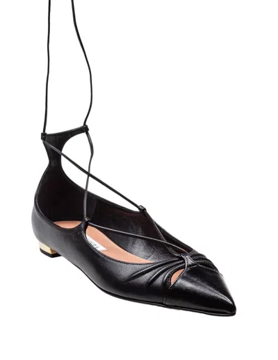 Aquazzura Gabi Lace-up Glossed-leather Point-toe Flats In Black