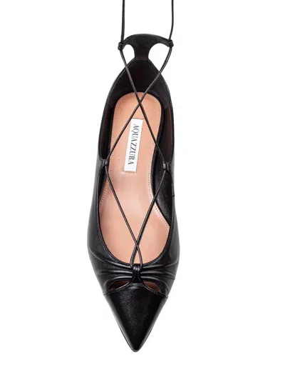 Aquazzura Gabi Lace-up Glossed-leather Point-toe Flats In Black