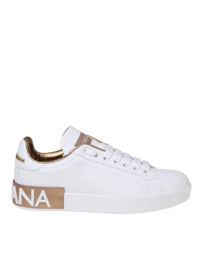 Dolce & Gabbana Portofino White And Gold Low Top Sneakers With Logo In Leather Woman In White