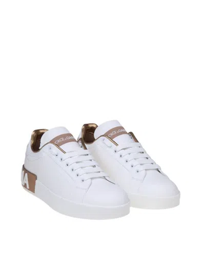 Dolce & Gabbana Portofino White And Gold Low Top Sneakers With Logo In Leather Woman In White