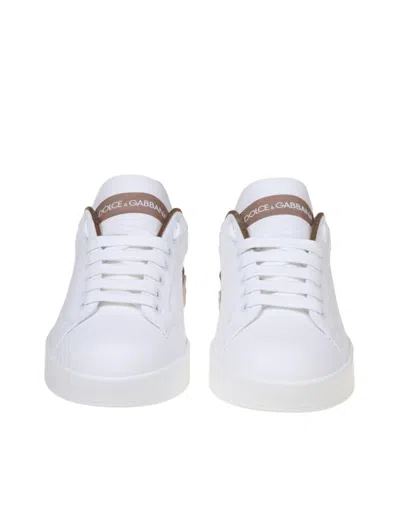 Dolce & Gabbana Portofino White And Gold Low Top Sneakers With Logo In Leather Woman In White