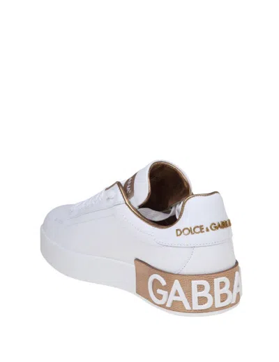 Dolce & Gabbana Portofino White And Gold Low Top Sneakers With Logo In Leather Woman In White