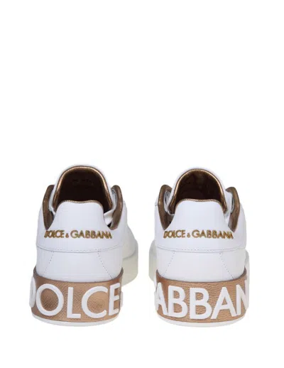 Dolce & Gabbana Portofino White And Gold Low Top Sneakers With Logo In Leather Woman In White