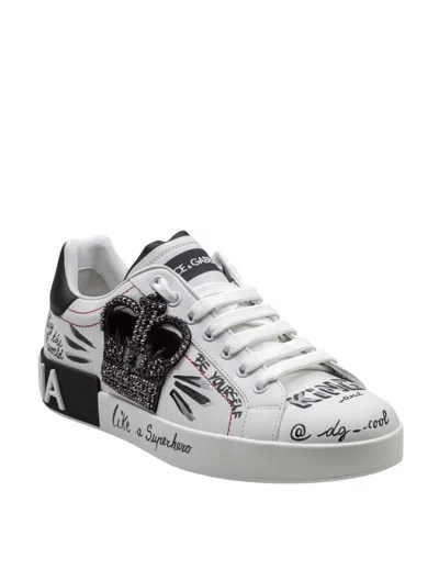 Dolce & Gabbana White Low Top Sneakers With Logo Patch On The Tongue And All-over Print In Leather Man In Multicolor