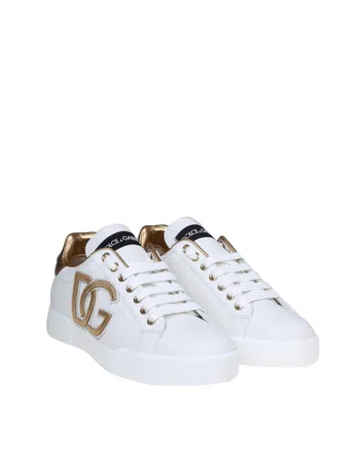 Dolce & Gabbana Portofino Logo Detail Leather Sneakers In White
