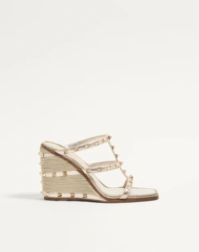 Valentino Garavani Rockstud Wedge Sandal In Laminated Nappa With Cornely Embroidery 100mm Woman Plat In Platinum