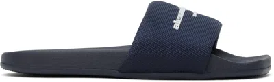 Alexander Wang Logo Print Textured Fabric Slides Blue In Uniform Blue