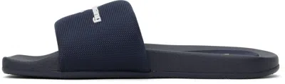 Alexander Wang Logo Print Textured Fabric Slides Blue In Uniform Blue