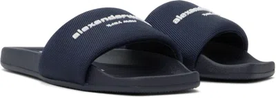 Alexander Wang Logo Print Textured Fabric Slides Blue In Uniform Blue