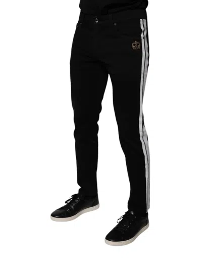 Dolce & Gabbana Black Crown White Lining Skinny Denim Men's Jeans In Black And White