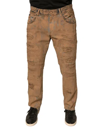 Dolce & Gabbana Brown Tattered Cotton Skinny Denim Jeans In Brown