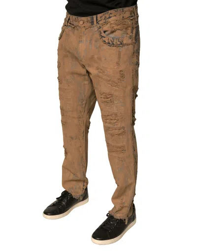 Dolce & Gabbana Brown Tattered Cotton Skinny Denim Jeans In Brown