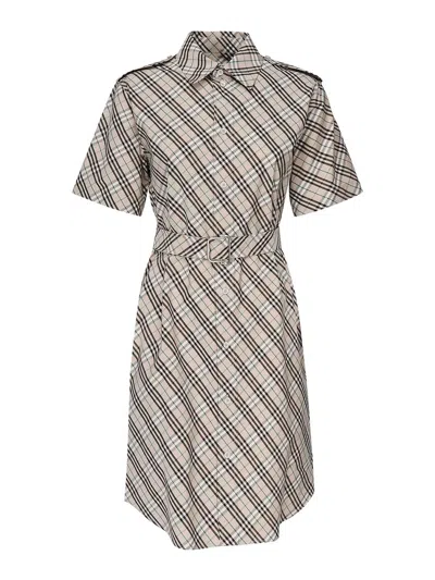 Burberry Cotton Check Mini Shirt Dress In Neutral