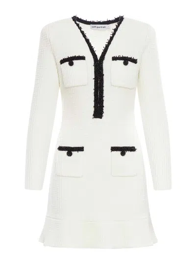 Self-portrait Pearl Trim Knit Mini Dress In White
