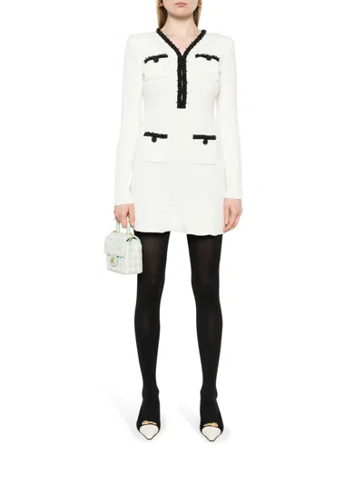 Self-portrait Pearl Trim Knit Mini Dress In White