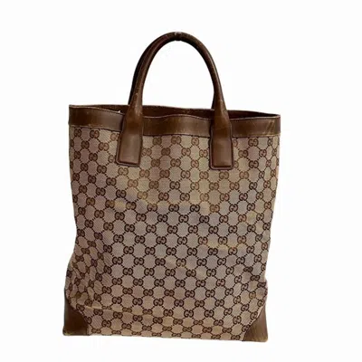 Pre-owned Gucci Beige Brown Gg Canvas Leather Tote Bag () In Beige, Brown