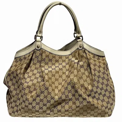Pre-owned Gucci Beige Ivory Gg Canvas Leather Shoulder Bag Tote Bag () In Beige, Ivory