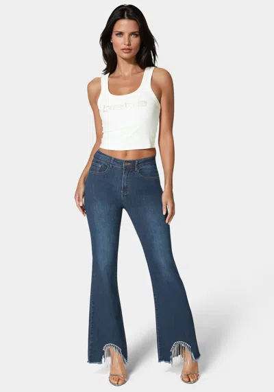 Bebe Flare Pant With Rhinestone Fringe In Indigo Wash