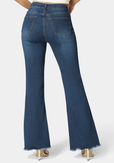 Bebe Flare Pant With Rhinestone Fringe In Indigo Wash