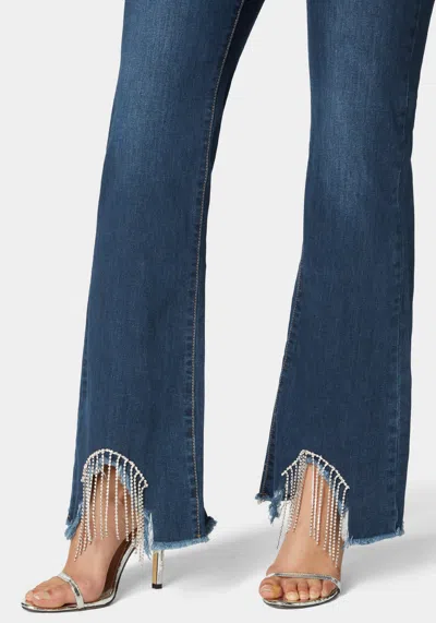Bebe Flare Pant With Rhinestone Fringe In Indigo Wash