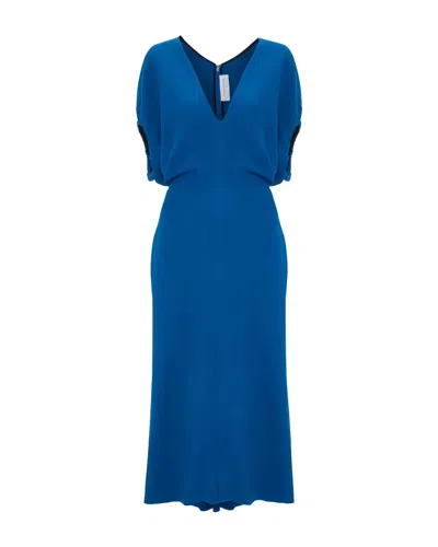 Victoria Beckham Womens Sapphire Blue V-neck Asymmetric-hem Stretch-woven Midi Dress In Blue