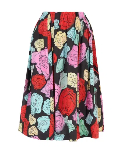 Marni Multicolor Midi Skirt With Elastic Waist And All-over Floral Motif In Cotton Woman In Black