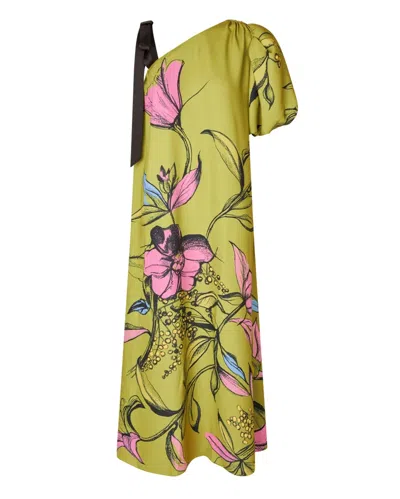 Stine Goya One Sleeve Maxi Dress With Bow Strap Pencil Garden In Green
