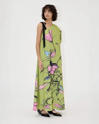 Stine Goya One Sleeve Maxi Dress With Bow Strap Pencil Garden In Green
