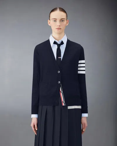 Thom Browne Wool Relaxed 4-bar V-neck Cardigan In Blue