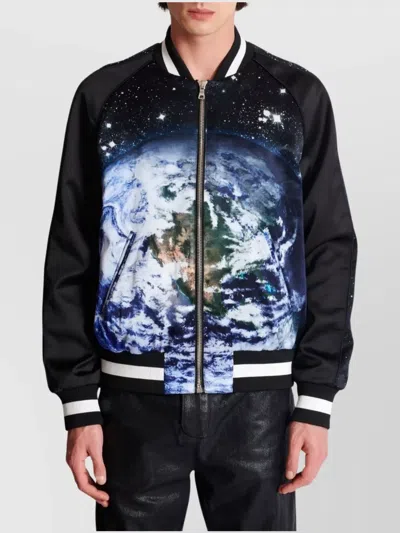 Balmain Earth Stars Print Zipped Varsity Bomber Jacket
