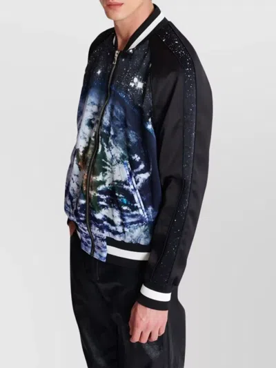 Balmain Earth Stars Print Zipped Varsity Bomber Jacket
