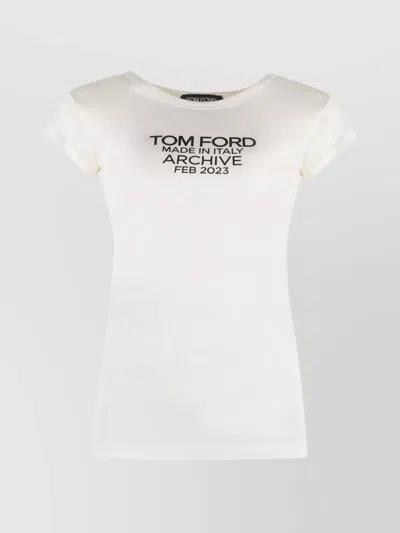 Tom Ford Silk T-shirt With Cap Sleeves And Printed Design In Beige