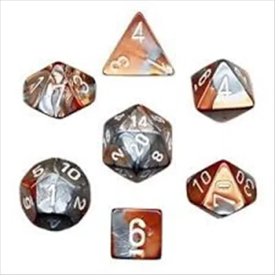 Chessex Manufacturing 26424 Cube Gemini Set Of 7 Dice - Copper & Steel With White Numbering