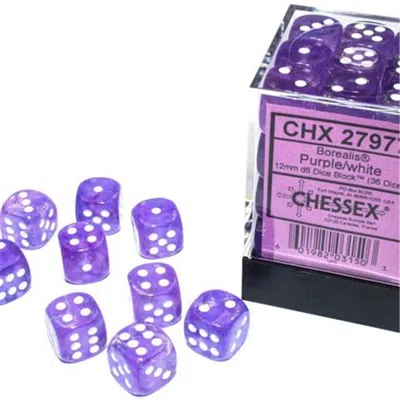 Chessex Manufacturing 12 Mm D6 Cube Borealis Luminary Dice, Purple With White Numbers - Pack Of 36