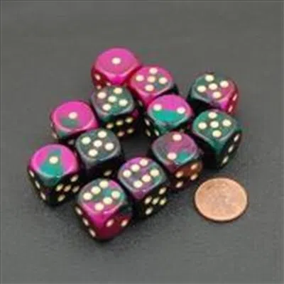Chessex Manufacturing 26634 D6 Cube Gemini Set Of 12 Dice, 16 Mm - Green & Purple With Gold Numbering