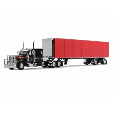 First Gear Peterbilt 379 With 63 Flat Top Sleeper & 53 Utility Roll Tarp Spread-axle Trailer Black & Red 1-64 S
