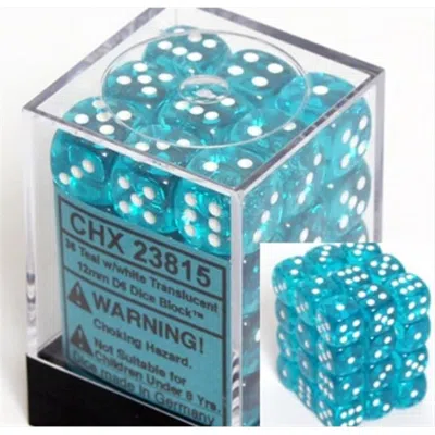 Chessex Manufacturing 23815 12 Mm Set Of Teal With White Translucent D6 Dice Set Of 36