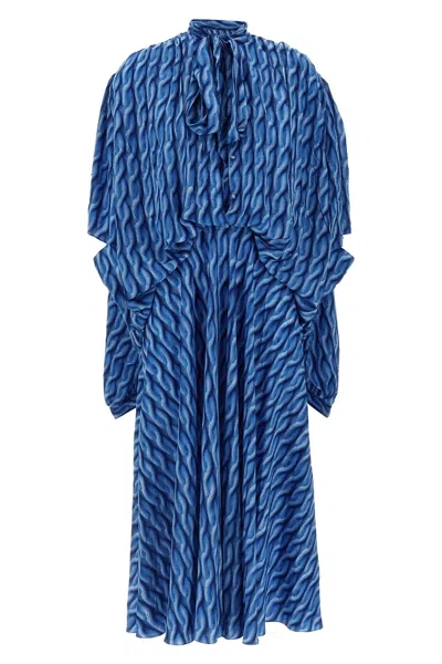 Balenciaga Blue Long Dress With All-over Print And Bow Closure In Fabric Woman In Blue