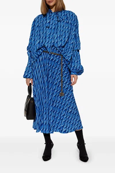 Balenciaga Blue Long Dress With All-over Print And Bow Closure In Fabric Woman In Blue