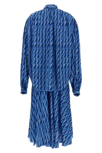 Balenciaga Blue Long Dress With All-over Print And Bow Closure In Fabric Woman In Blue