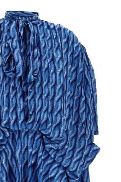 Balenciaga Blue Long Dress With All-over Print And Bow Closure In Fabric Woman In Blue