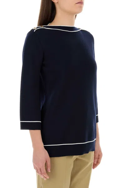 Gucci Oversize Wool Sweater With Contrast Trim And Button Detail In Blue